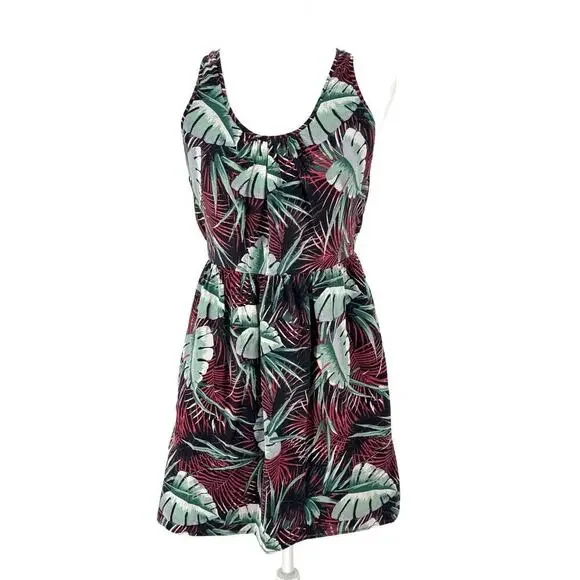 Madewell Silk Tropical Palm Print Racerback Mini Dress Sz 2 Black Green Red Mini - Picture 1 of 10